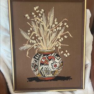 Vintage Crewel hand-made Embroidered crewel southwestern Vase Wall Art